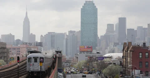 Ultra HD 4K Elevated Subway Metro New York City Skyline Empire State Building Video stock 24830840