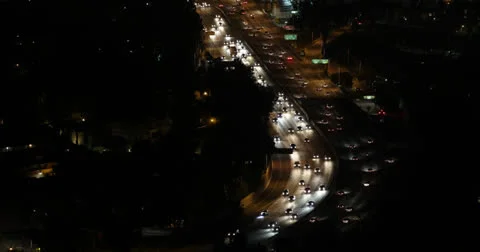 Ultra HD 4K Los Angeles Skyline, Aerial View, Hollywood Motorway by night Stock Footage 23282906