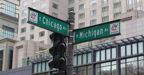 Ultra HD 4K Michigan Avenue Street Sign Chicago Boulevard Corporate Building Stock Footage