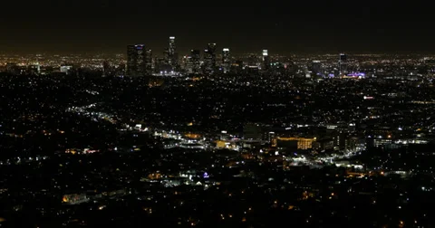 Ultra HD 4K Night Evening Lights Aerial View Los Angeles Downtown Busy Suburb Stock Footage 32304719