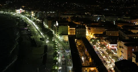 Ultra HD 4K Night Lights Aerial Skyline Nice Mediterranean Sea Scenic European Video stock 33193702