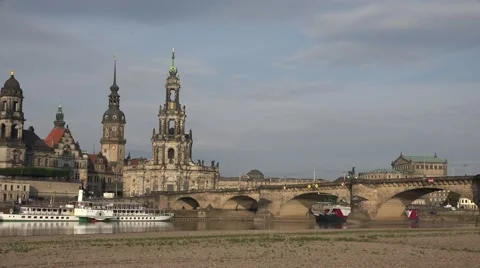 ULTRA HD 4K Pan left Dresden landmark skyline famous church tower cruise ship  Video stock 49738542