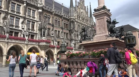 ULTRA HD 4K Pan left Marys Square Munich landmark tourism attraction Marienplatz Stock Footage 50376781