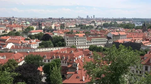 ULTRA HD 4K Panoramic view Prague landmark Charles bridge cityscape red rooftop  Video stock 51052034