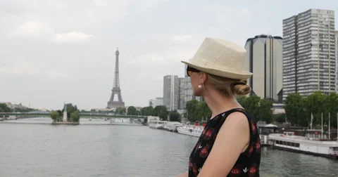 Ultra HD 4K Paris Eiffel Tower Lucky Happy Young Woman Girl Lifestyle Fashion Stock Footage 32236881