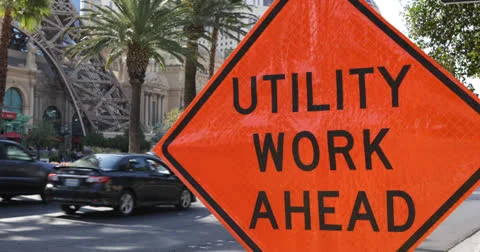 Ultra HD 4K Road Work Ahead Sign in Las Vegas Strip, Boulevard, Traffic Jam Stock Footage 23471650