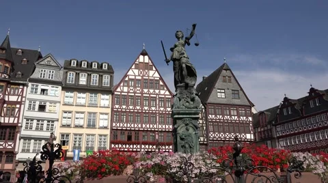 ULTRA HD 4K Römer square Lady Justice statue medieval facade Frankfurt am Main  Stock Footage 40506359