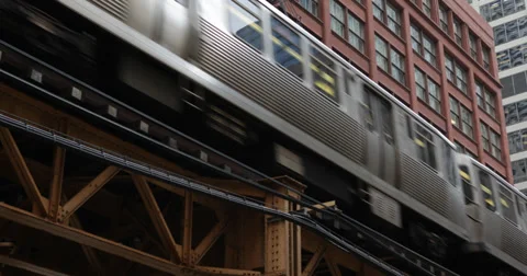 Ultra HD 4K System Track United States Elevated L Subway Train Passing Chicago Stock Footage 32455087