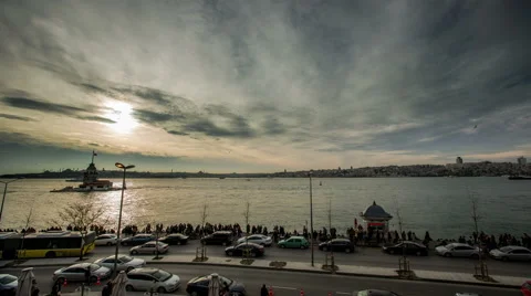 Ultra HD 4K Time Lapse Photography people walking on the coast with Maiden Tower Stock Footage 47538540