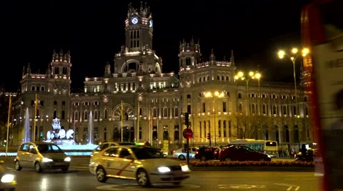 ULTRA HD 4K Timelapse car pass Cibeles Square night Madrid city center fountain  Stock Footage 49477828
