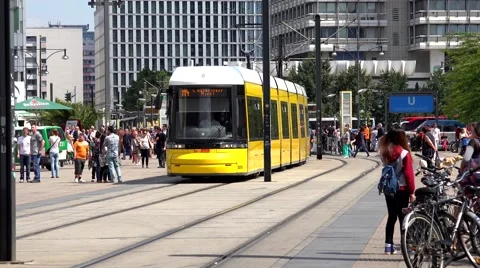ULTRA HD 4K Timelapse crowded Alexanderplatz tram pass Berlin commuter day icon Stock Footage 49693610