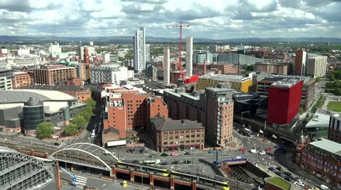ULTRA HD 4K Timelapse Manchester aerial view cityscape car pass tramway train  Stock Footage