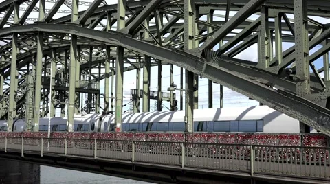ULTRA HD 4K Timelapse train traffic Hohenzollern bridge Koln landmark commuter Stock Footage 50236059