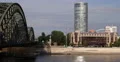 Ultra HD 4K UHD Cologne Skyline Triangle Tower People Crowd Walk Passing Bridge 4k or 4k+ Resolution
