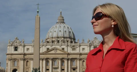 Ultra HD 4K UHD Portrait tourist woman enjoy admire Vatican church basilica dome Stock Footage 38024351
