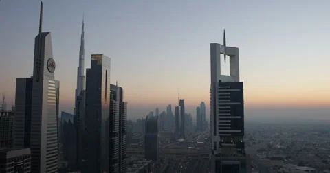 Ultra HD 4K UHD Sunset Aerial View Dubai Skyline Downtown Crowded Highway UAE Video stock 35659914