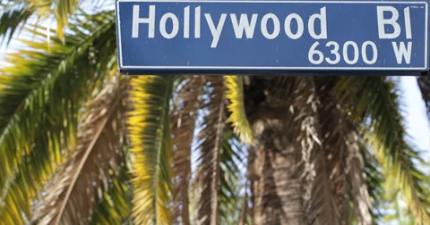 Ultra HD 4K UHD Traffic Hollywood Street Sign Pedestrians Crosswalk Palm Trees Stock Footage
