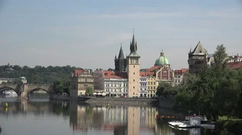 ULTRA HD 4K View Old City Prague Town ancient tower gate Charles bridge Vltava  Stock Footage 40581576