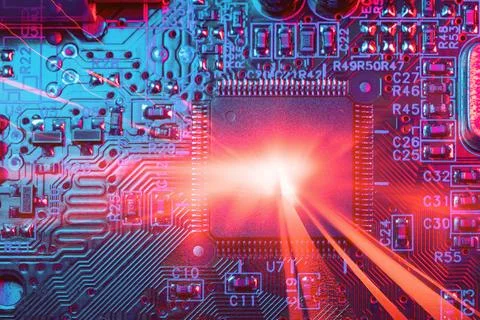 Ultra high speed data digital microprocessor computer nano chip on circuit .. Stockfoto's
