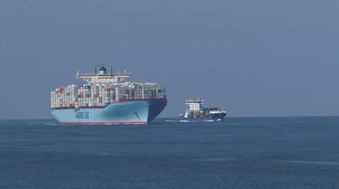 Ultra large container vessel Elly Maersk open seas, approaching Stock Footage 43707693