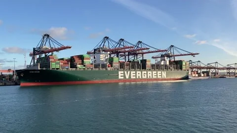 Ultra Large container vessel ''EVER GRADE''moored in Rotterdam Europort Stock Footage 158936093