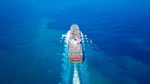 Ultra large container vessel (ULCV) at sea - Aerial footage Stock Footage