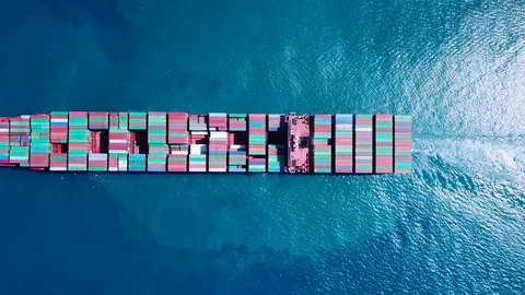 Ultra large container vessel (ULCV) at sea - Aerial footage Stock Footage