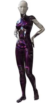 Ultra Modern White Purple Android Female Artificial Intelligence 3D Illustrat Stock Illustration