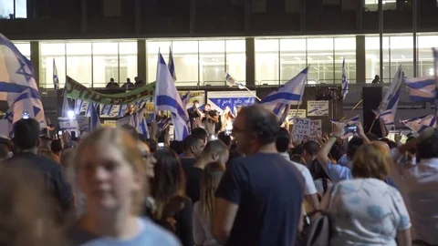 Ultra right wing settlers protest, Israeli flags, rappers sing, Tel Aviv, Israel Stock-Footage 70726640