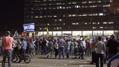 Ultra right wing settlers protest, Israeli flags, Rabin Square, Tel Aviv, Israel Stock-Footage 70726708