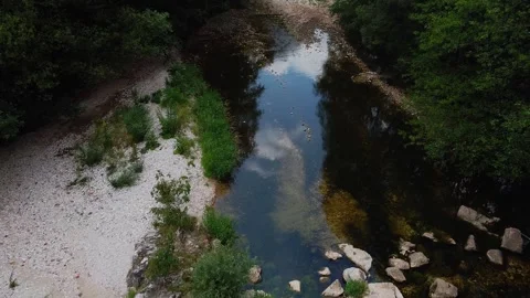Ultra Slow Forward Motion and Camera Lift Revealing Meandering River and Den Stock Footage 320102820