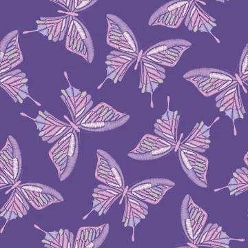 Ultra violet trendy seamless pattern. Embroidery butterflies on pantone colors Stock Illustration
