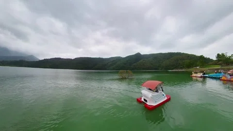 Ultra Wide Angle View of Pedal Boats on Liyu Lake, Hualien Stock Footage 342066754