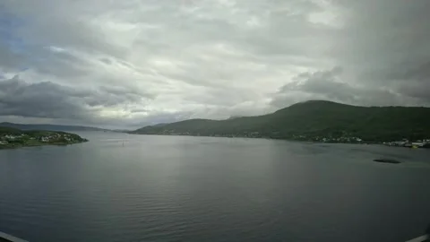 Ultra wide elevated panoramic view over wide fjord and mountains in Senja Norway 库存影片 342340379