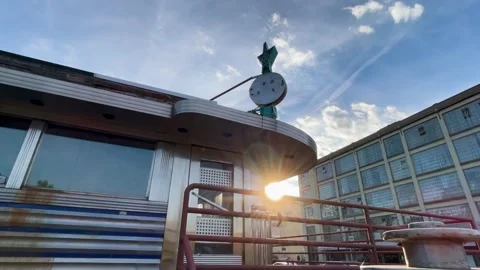 Ultra wide pan shot of desolate downtown Midwest city revealing sunset Stock Footage 156334166
