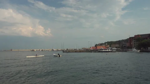 Ultra-wide panoramic view on Rapallo waterfront at summer sunset, Italy - 2K Stock Footage 185584516