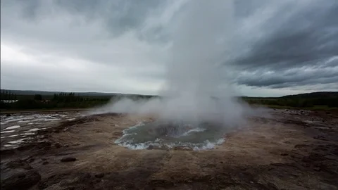 Ultra wide shot of Geysir exploding water out of earth. Stock Footage 80058370