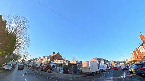 Ultra Wide Special View of British Urban City Streets During Car Drive Stock Footage 327040036