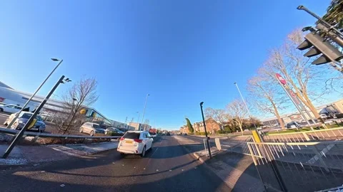 Ultra Wide Special View of British Urban City Streets During Car Drive Stock Footage 327054150