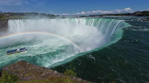 Ultra wide view of Niagara Falls with bright rainbow and blue tour boat Stock Footage 342551425