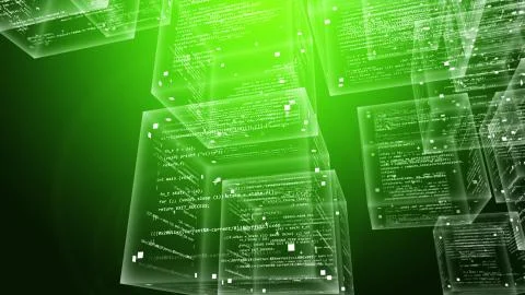 An ultramodern 3d illustration of crystalline program code boxes flying in th Stock Illustration