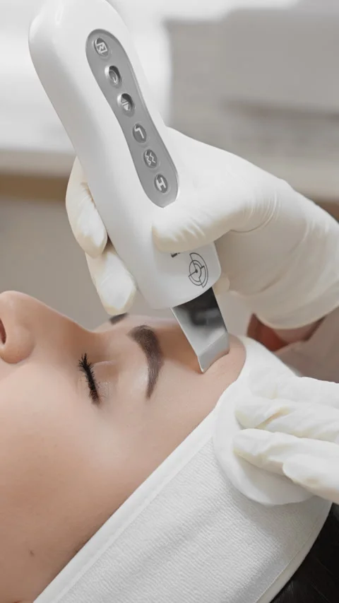 Ultrasonic scrubber device offers professional facial care with exfoliation Video stock 282909094