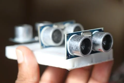 Ultrasonic sensor or the hcsr04 module connected on the breadboard Stock Photos
