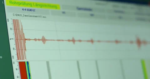 Ultrasonic Test Signal Waveform on Pipe Inspection Software, Screen Close Up Stock Footage 340359308
