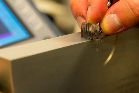 Ultrasonic Testing Calibration Process on Reference Block in NDT Lab Stock Photos