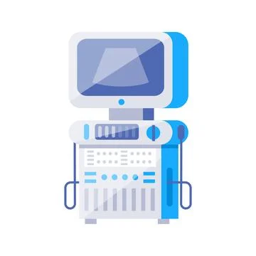Ultrasound machine displaying image on screen in hospital room Illustrazione stock
