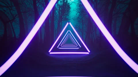 The ultraviolet neon triangular portal. Glowing tunnel door. Fantasy scene. Stock Footage 201207900