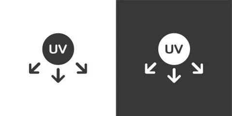 Ultraviolet rays sun symbol. Isolated icon on black and white background. Wea Illustrazione stock