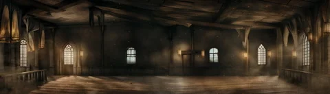 Ultrawide Dark Medieval Room Interior With Small Lights Stockbeeldmateriaal 264650917