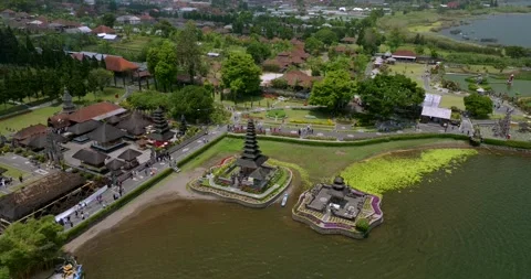 Ulun Danu Beratan Temple in Bali, drone view of the temple and surrounding area Stock Footage 259308878